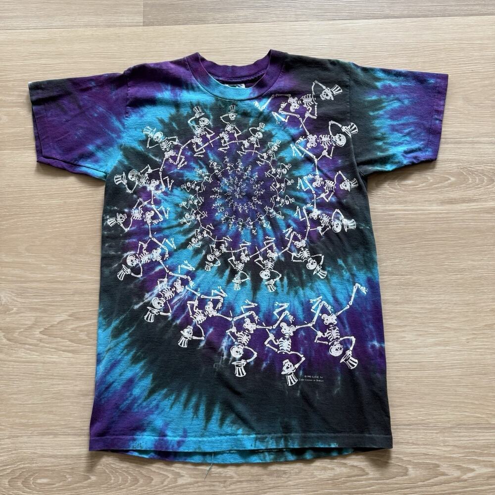Grateful Dead Shirt Skeleton Single Stitch Tie Dye 1990 Vintage Liquid Blue Med